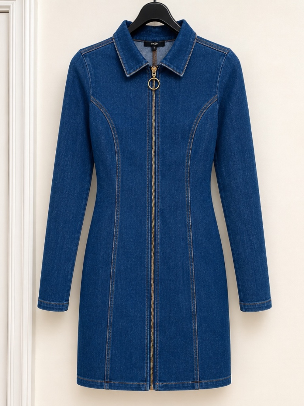 Stretch Denim Zip-Front Long-Sleeve Mini Dress Size M
